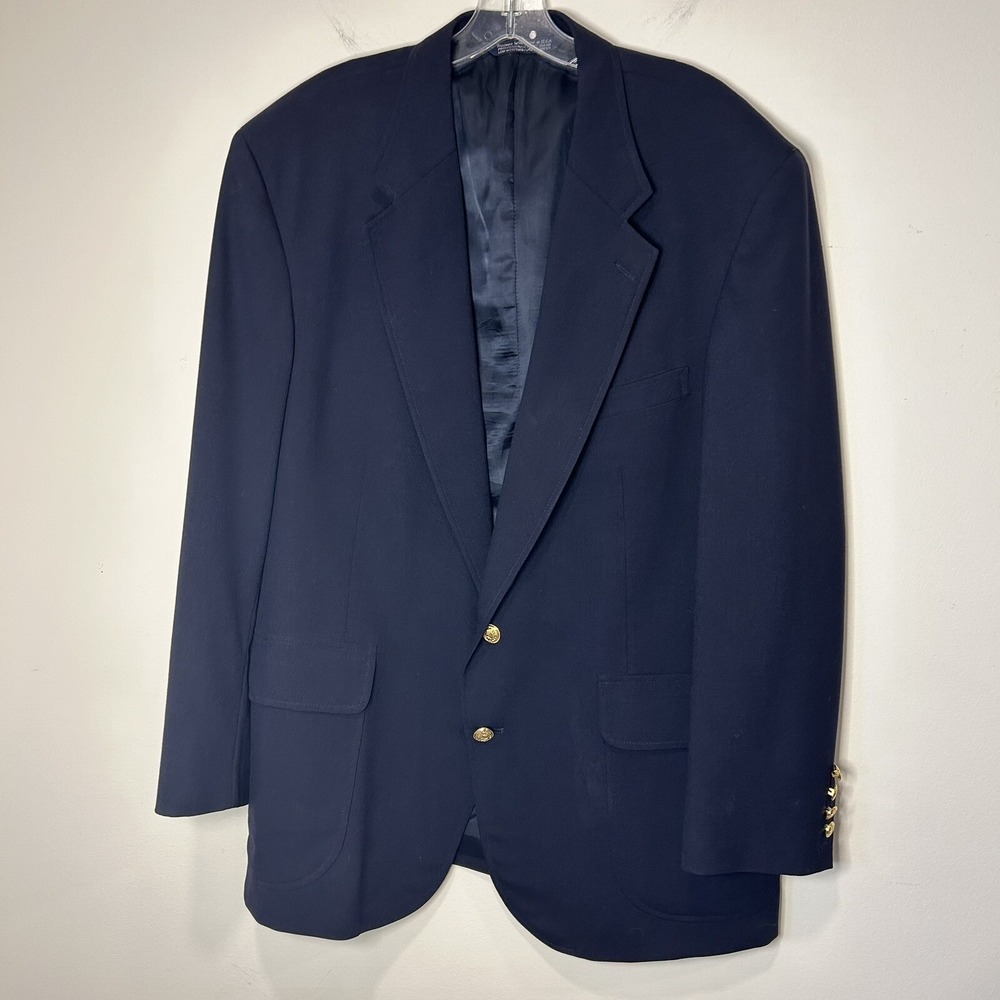 Lands End Men's 44R Wool Navy Blue Jacket Blazer Gold Crest Anchor Buttons EUC